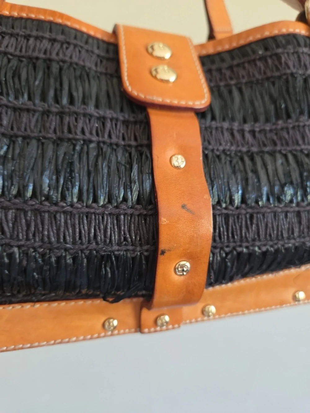 Vintage Kate Spade black straw purse handbag wooden bottom leather trim - Picture 9 of 12